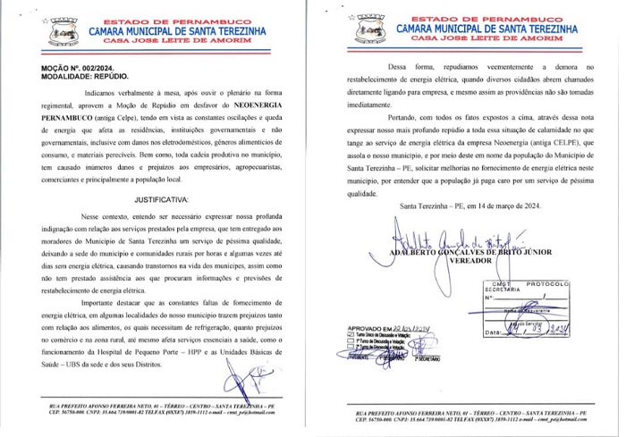 Câmara de Santa Terezinha aprova Moção de Repúdio à Neoenergia Pernambuco